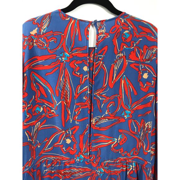 Diane von Frurstenberg 100% Silk Dress Eldsen Blue Red Floral Print Long Sleeve - Picture 9 of 11